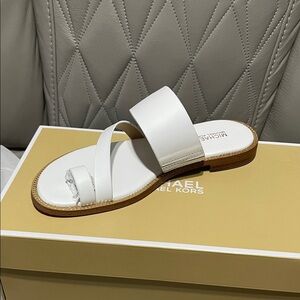 Michael Kors Pratt  White Leather Two-Strap Toe Loop Slide Sandals